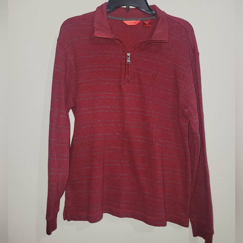 Men's Burgundy Striped IZOD Quarter Zip Pullover Sweater Size Medium